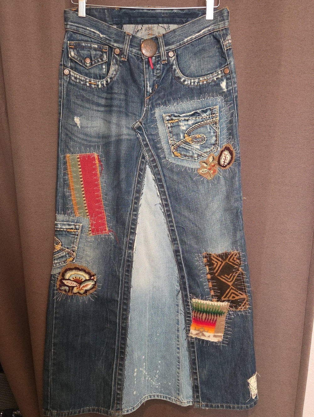 Take Two "Upgrade Dept" patchwork denim maxi skirt- Vintage